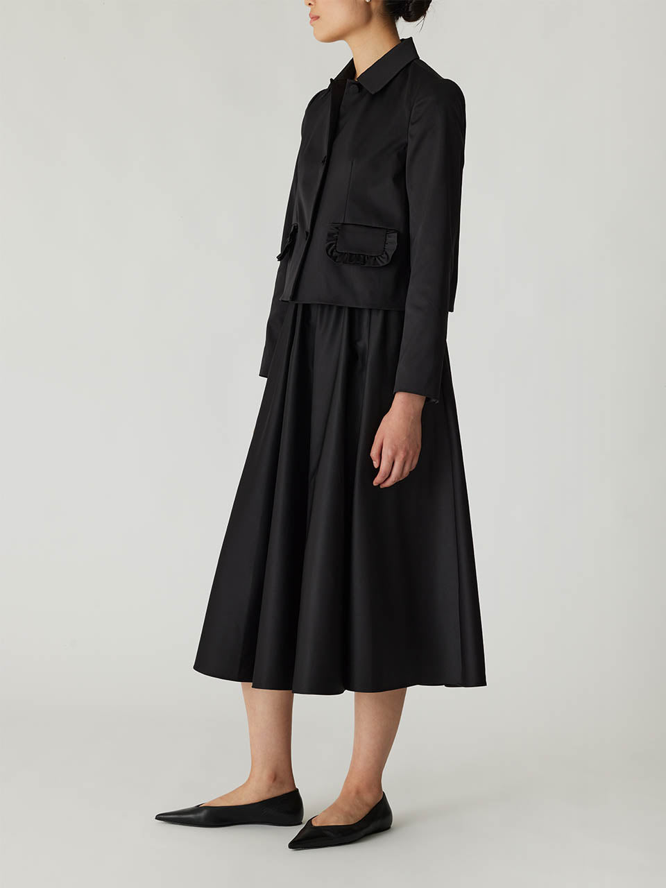 Black Tailored Jacket Techy Sateen Ruffle Pocket Jacket in Black by Rebecca Taylor