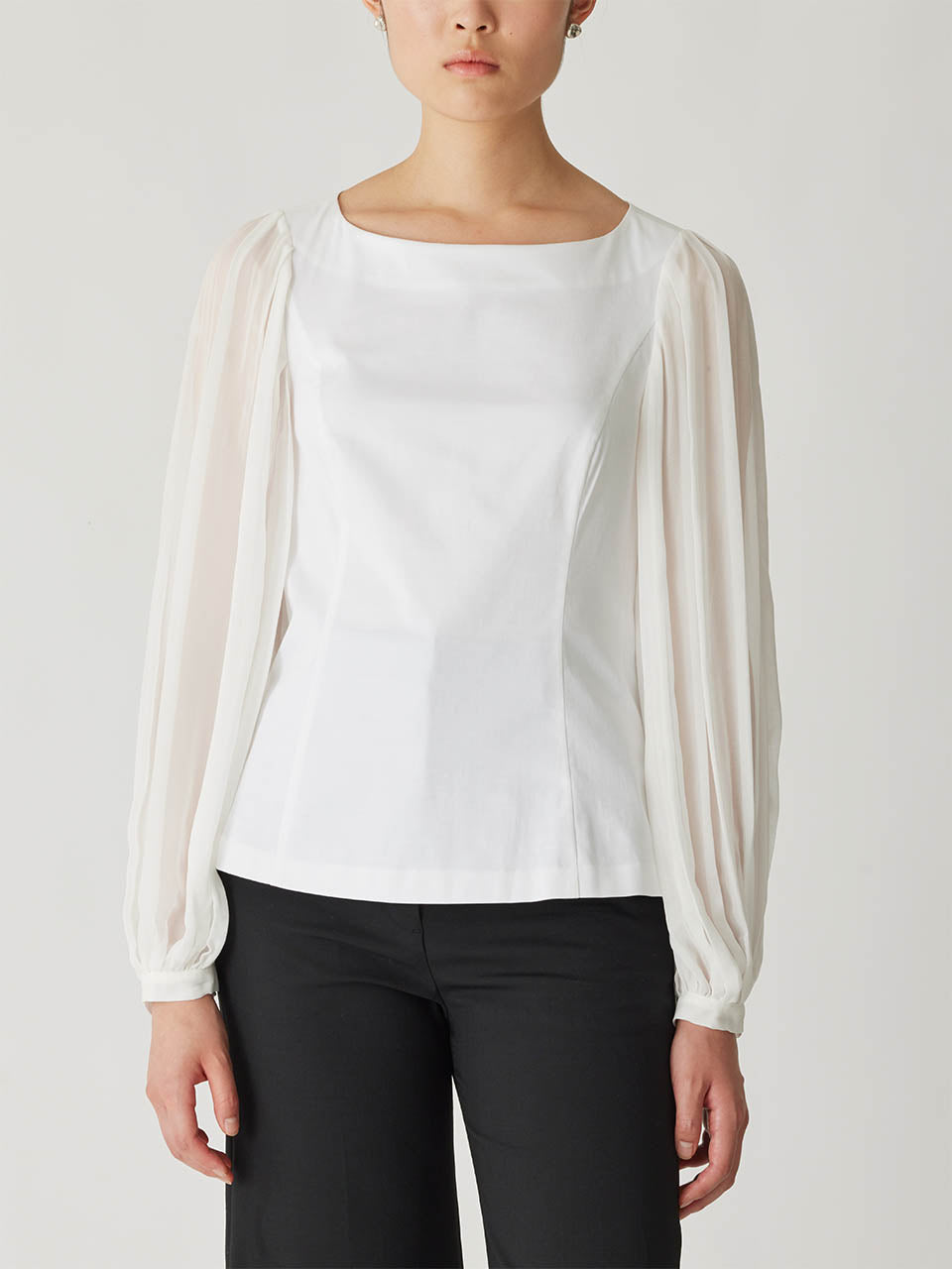 White Cuff Long-Sleeve Top Heavy Cotton Chintz Boat Neck Top in Milk by Rebecca Taylor