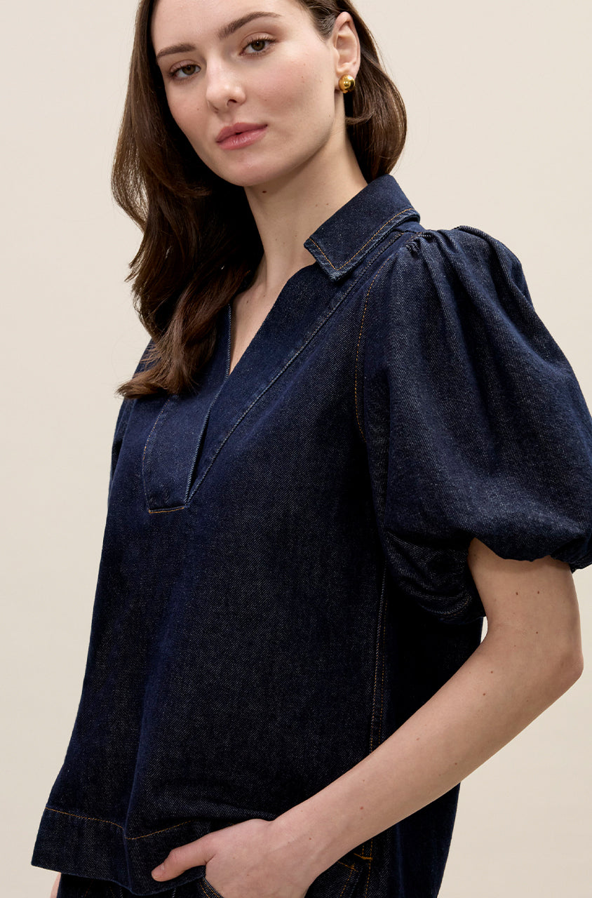 Gabrielle Denim Blouse in Deep Sea Wash by Rebecca Taylor