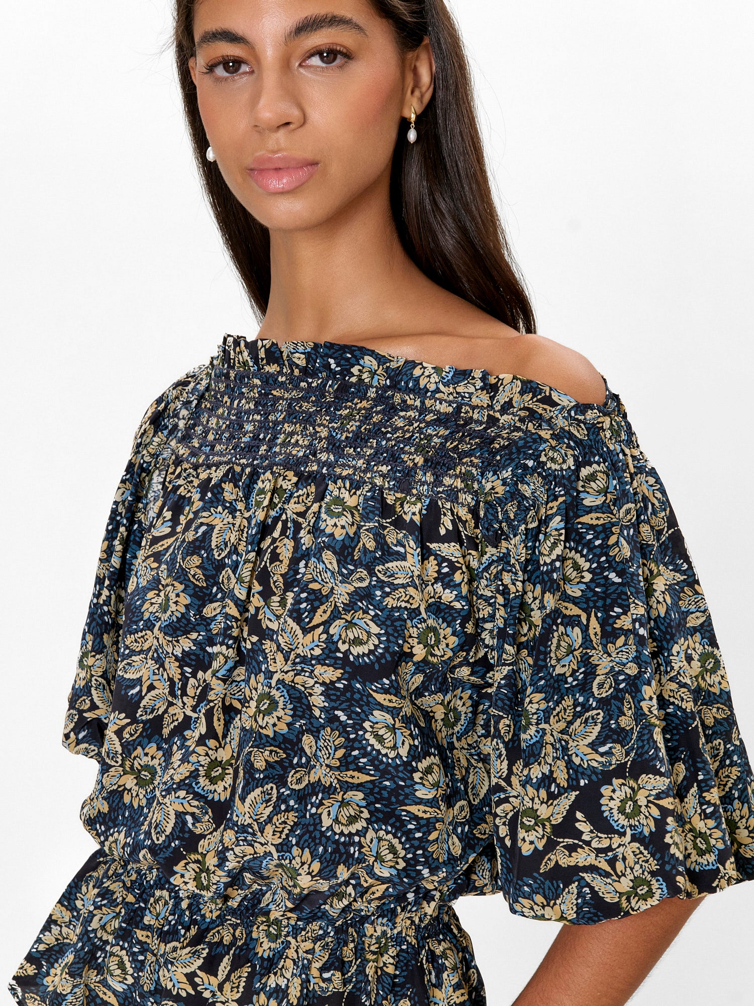 Charlene Smocked Top in Navy Multi by Rebecca Taylor