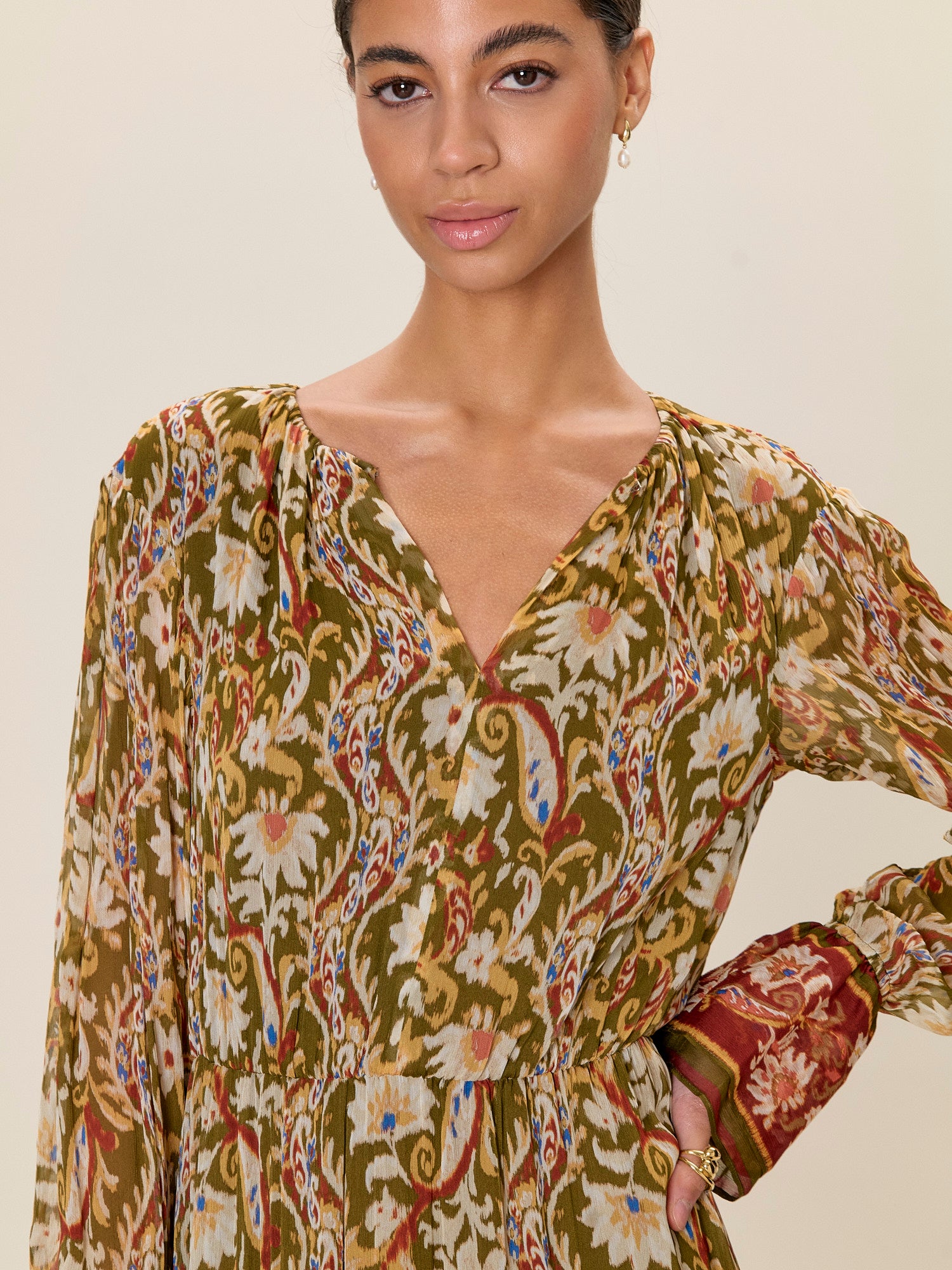 Isha Long Sleeve Dress in Pesto Combo by Rebecca Taylor