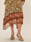 Woman wearing a patterned dress with a neutral background