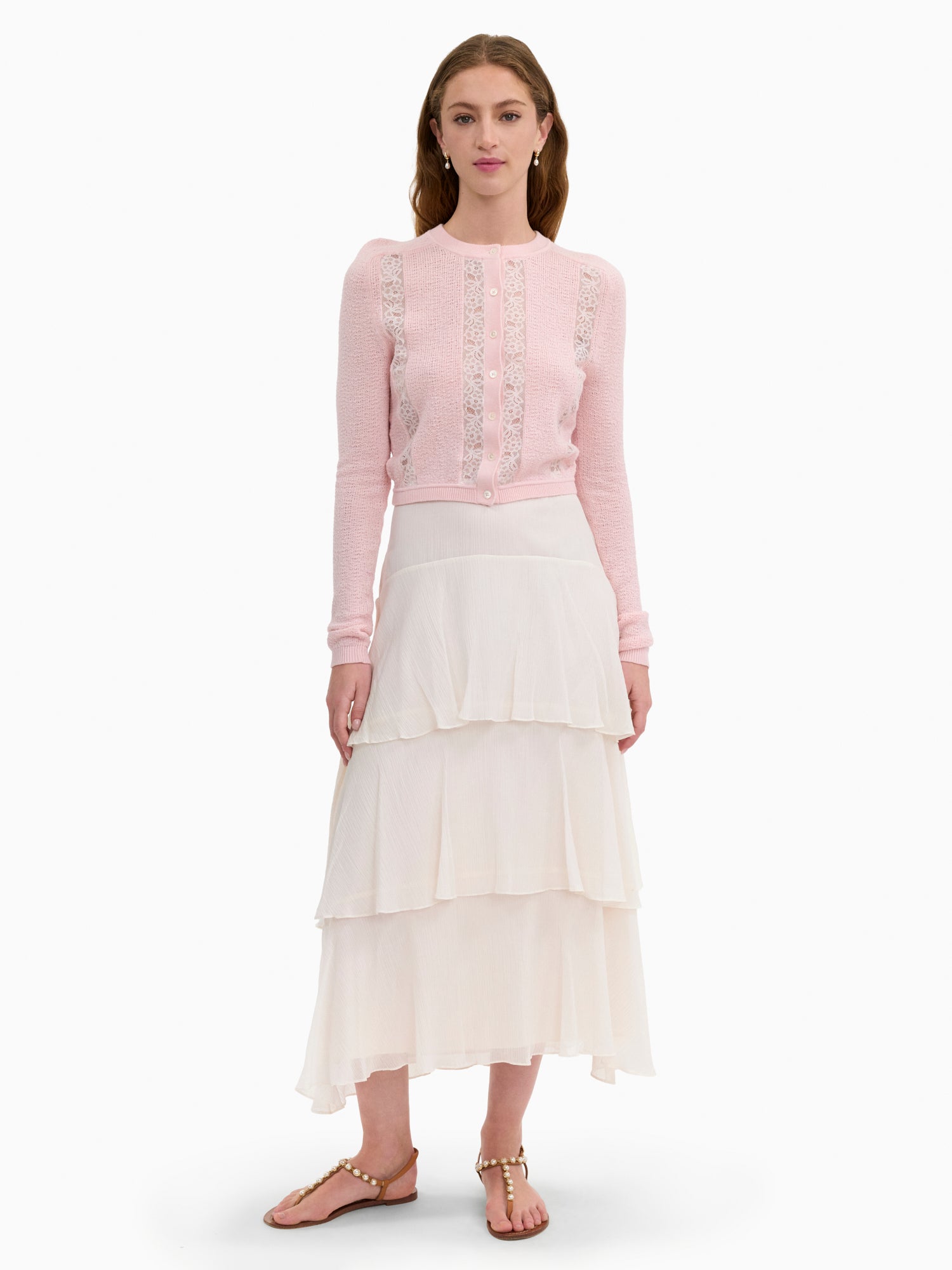 Rhea Lace Knit Cardigan in Peony Pink by Rebecca Taylor