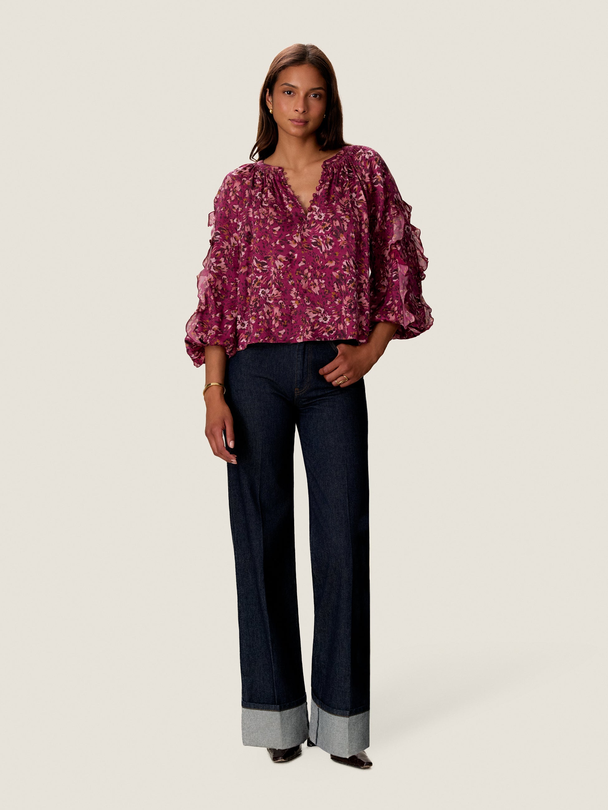 Brooke Ruffle Bubble Top in Cranberry Multi by Rebecca Taylor