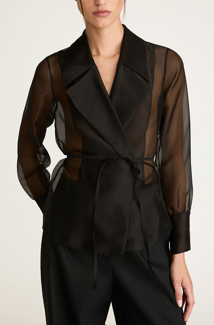 Black Long-Sleeve Sheer Shirt Organza Wrap Shirt in Black by Rebecca Taylor