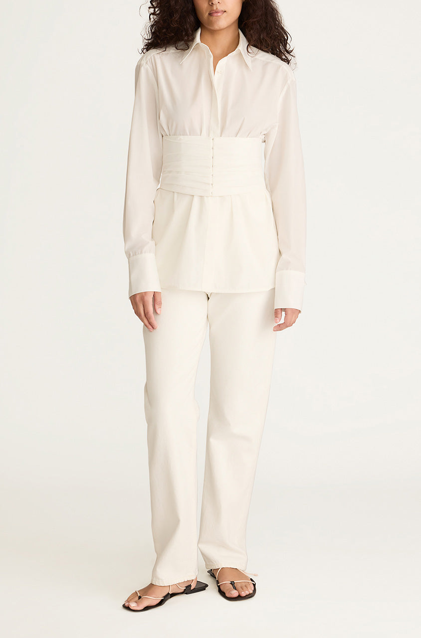 White Cummerbund-Detailed Taffeta Shirt Corseted Button Down in Milk by Rebecca Taylor