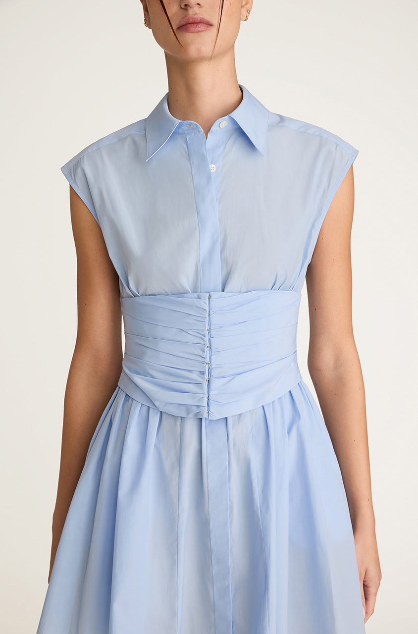 Blue Sleeveless Taffeta Mini Dress Corseted Mini Dress in Oxford by Rebecca Taylor