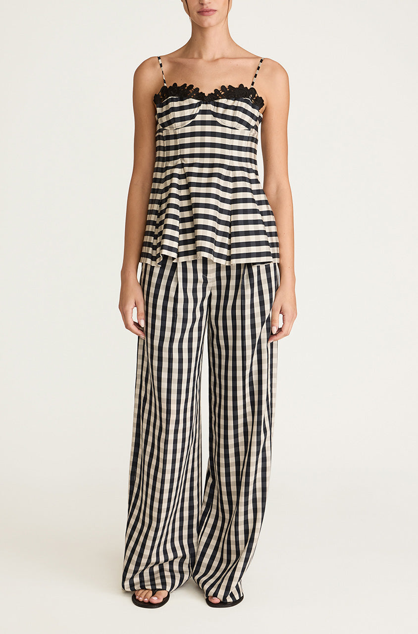 Checkered Lace Peplum Tank Top Gingham Twill Embroidered Bustier Tank in Black Combo by Rebecca Taylor