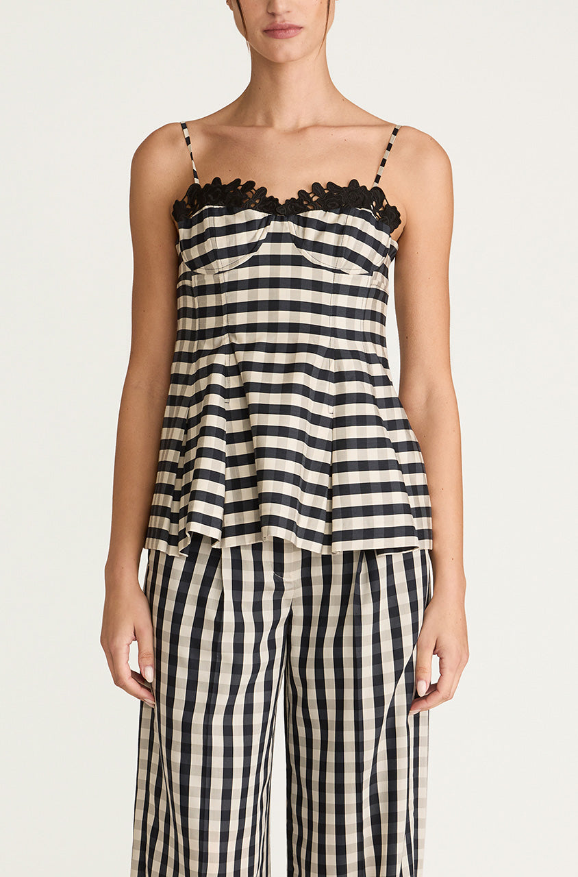 Checkered Lace Peplum Tank Top Gingham Twill Embroidered Bustier Tank in Black Combo by Rebecca Taylor