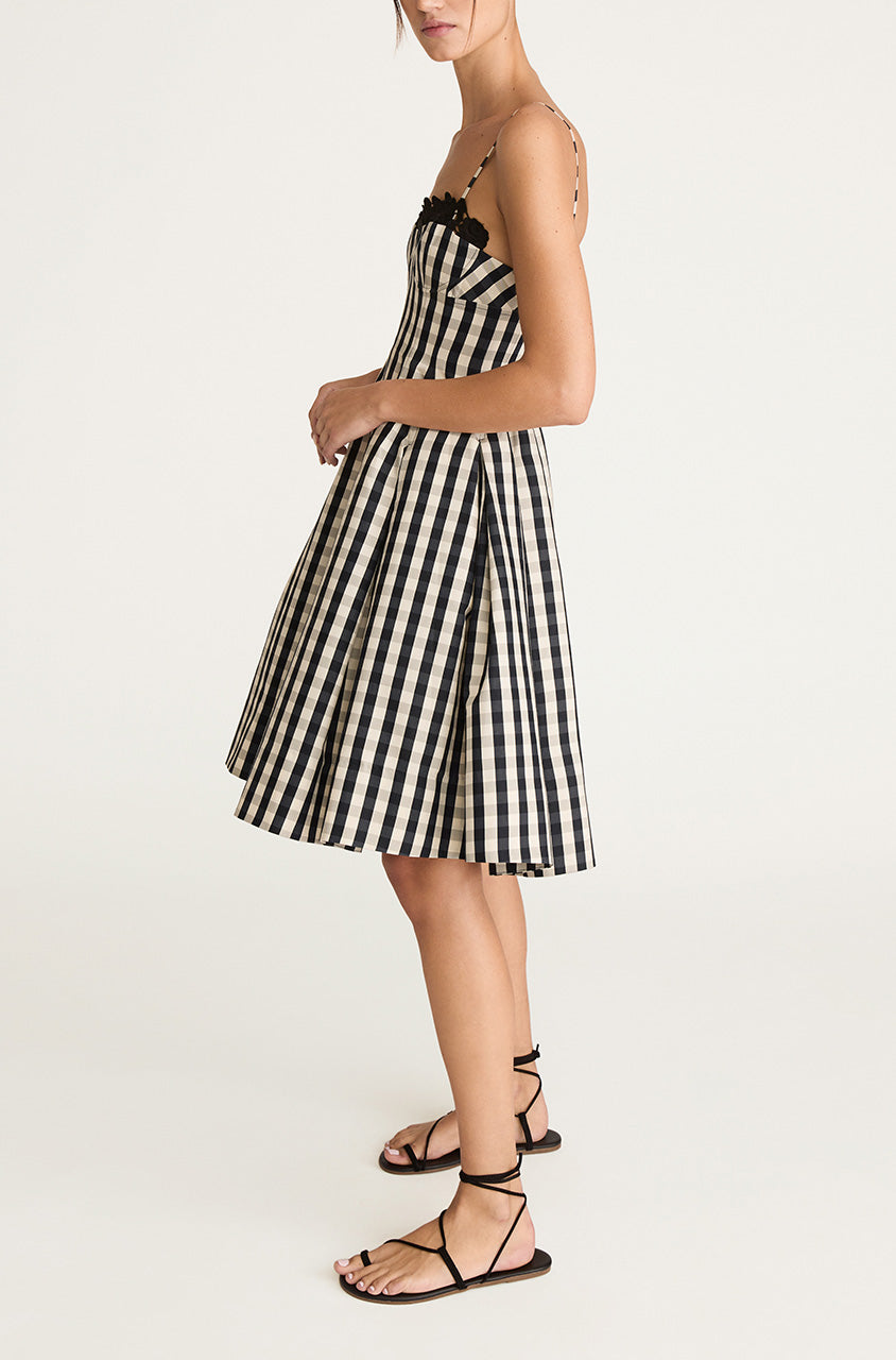 Checkered Lace Strapped Midi Dress Gingham Twill Embroidered Bustier Tea Dress in Black Combo by Rebecca Taylor