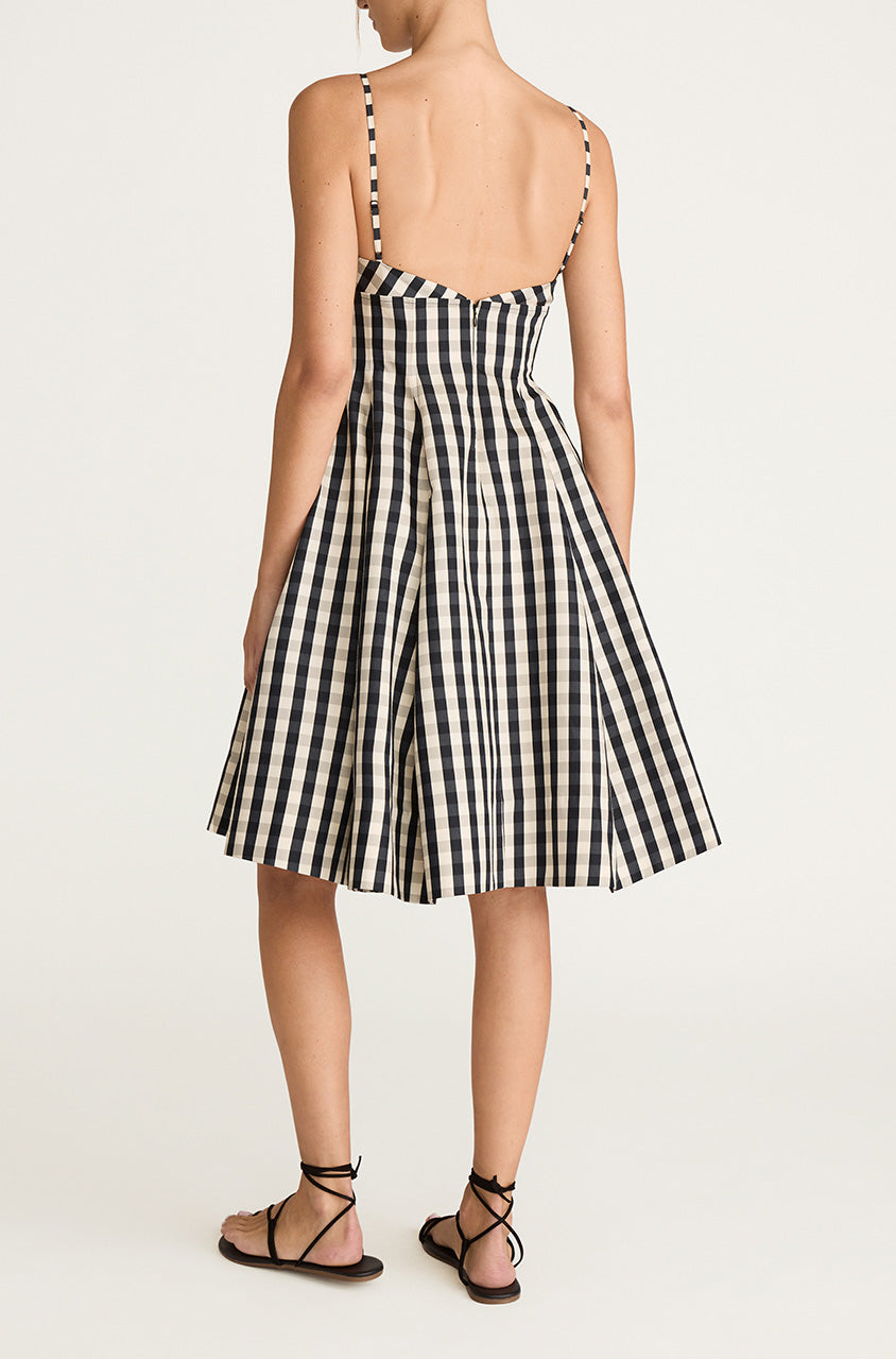 Checkered Lace Strapped Midi Dress Gingham Twill Embroidered Bustier Tea Dress in Black Combo by Rebecca Taylor