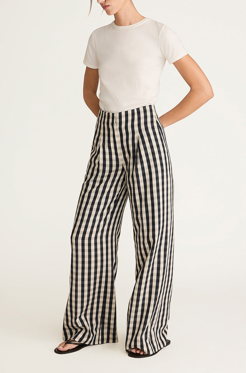Checkered Wide-Leg Hollywood Waist Pant Gingham Twill High Waist Trouser in Black Combo by Rebecca Taylor