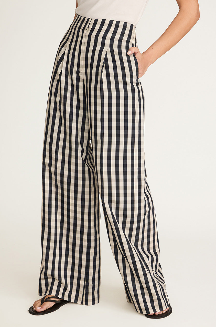 Checkered Wide-Leg Hollywood Waist Pant Gingham Twill High Waist Trouser in Black Combo by Rebecca Taylor