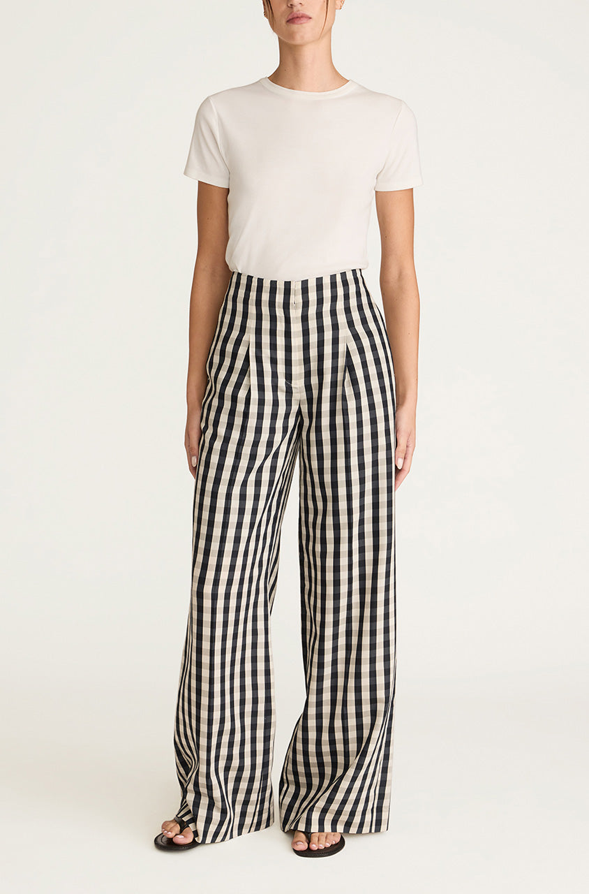 Checkered Wide-Leg Hollywood Waist Pant Gingham Twill High Waist Trouser in Black Combo by Rebecca Taylor