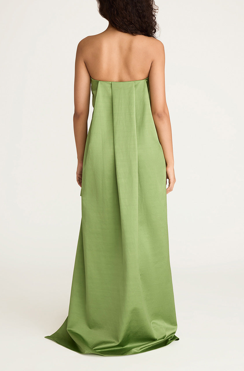 Green Strapless Dress with High-Low Skirt Slub Sateen Mini Dress with Train in Fern by Rebecca Taylor