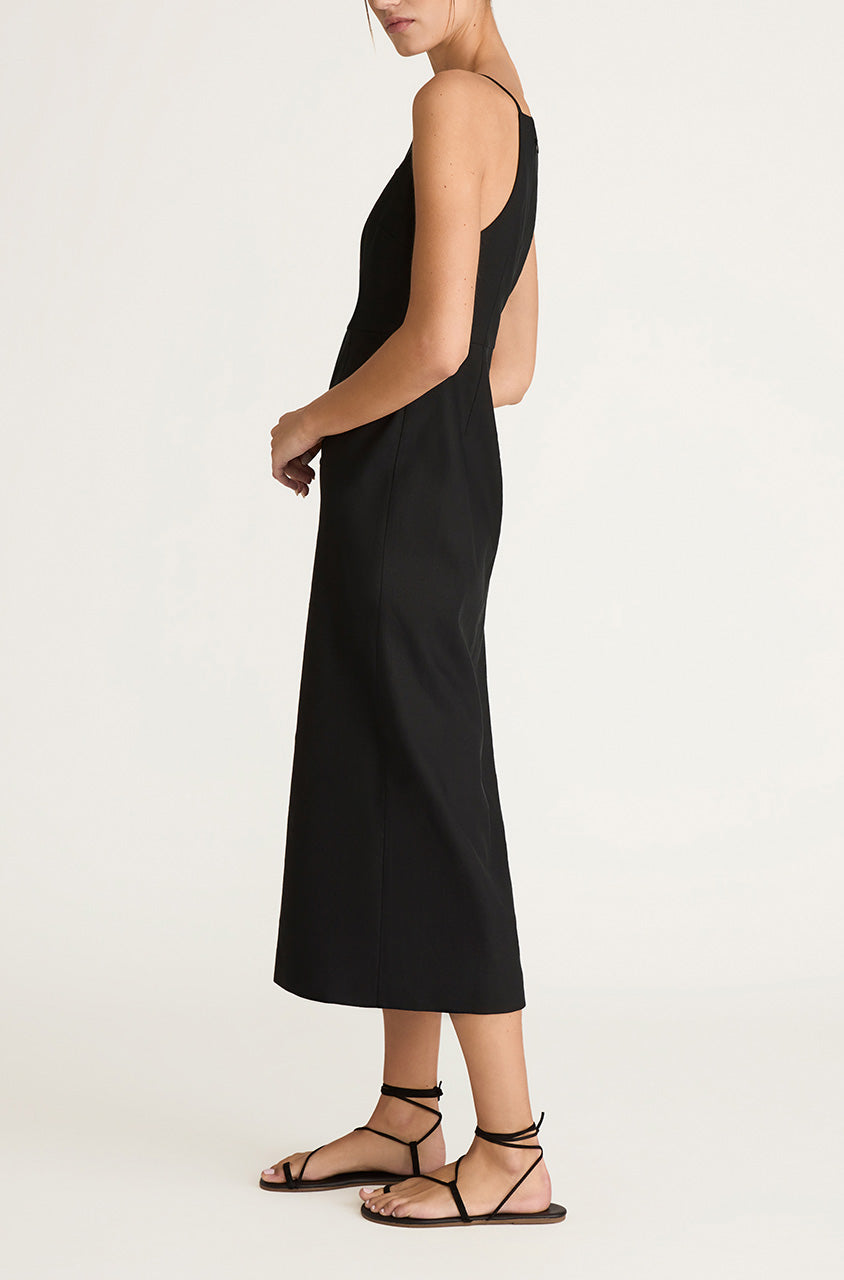 Black Stretch Linen Button Front Dress Structured Button Front Midi Dress in Black by Rebecca Taylor