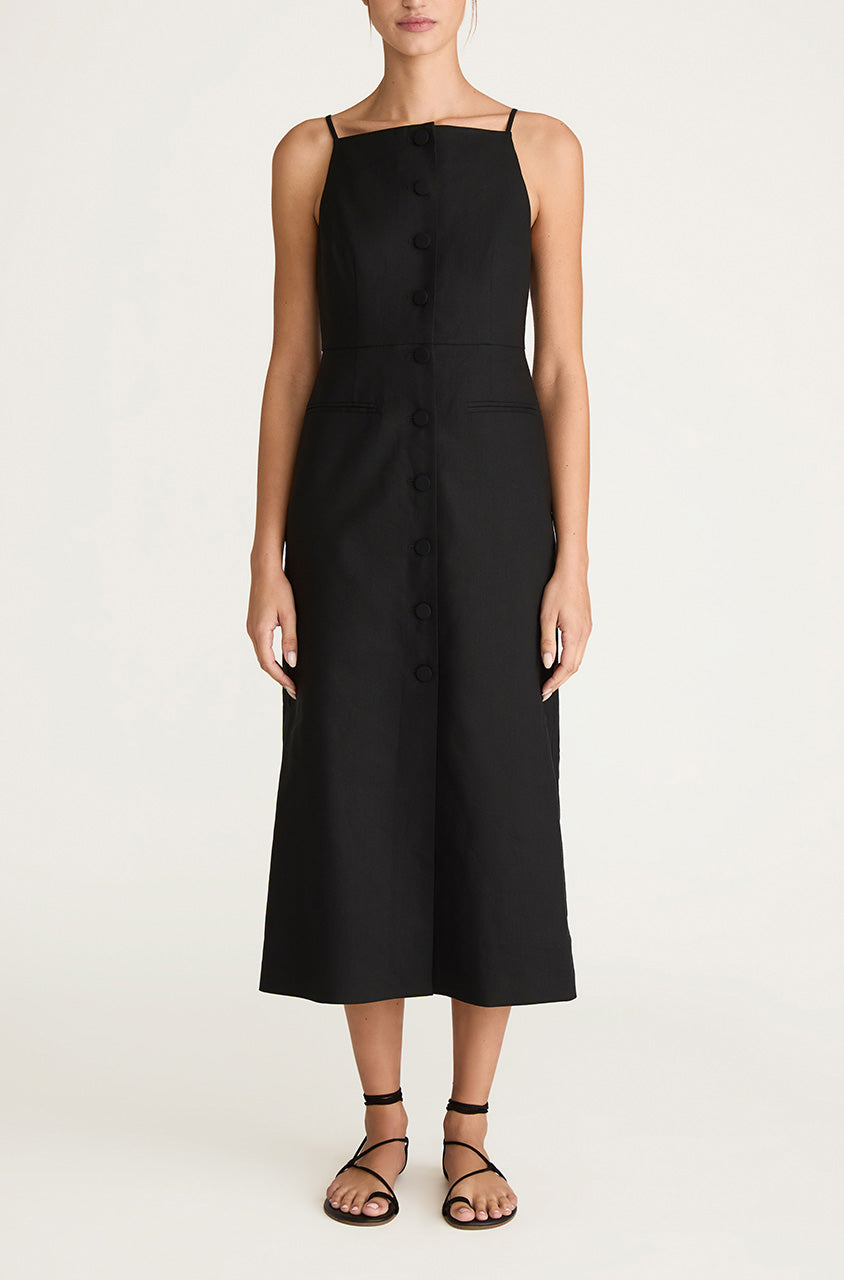 Black Stretch Linen Button Front Dress Structured Button Front Midi Dress in Black by Rebecca Taylor