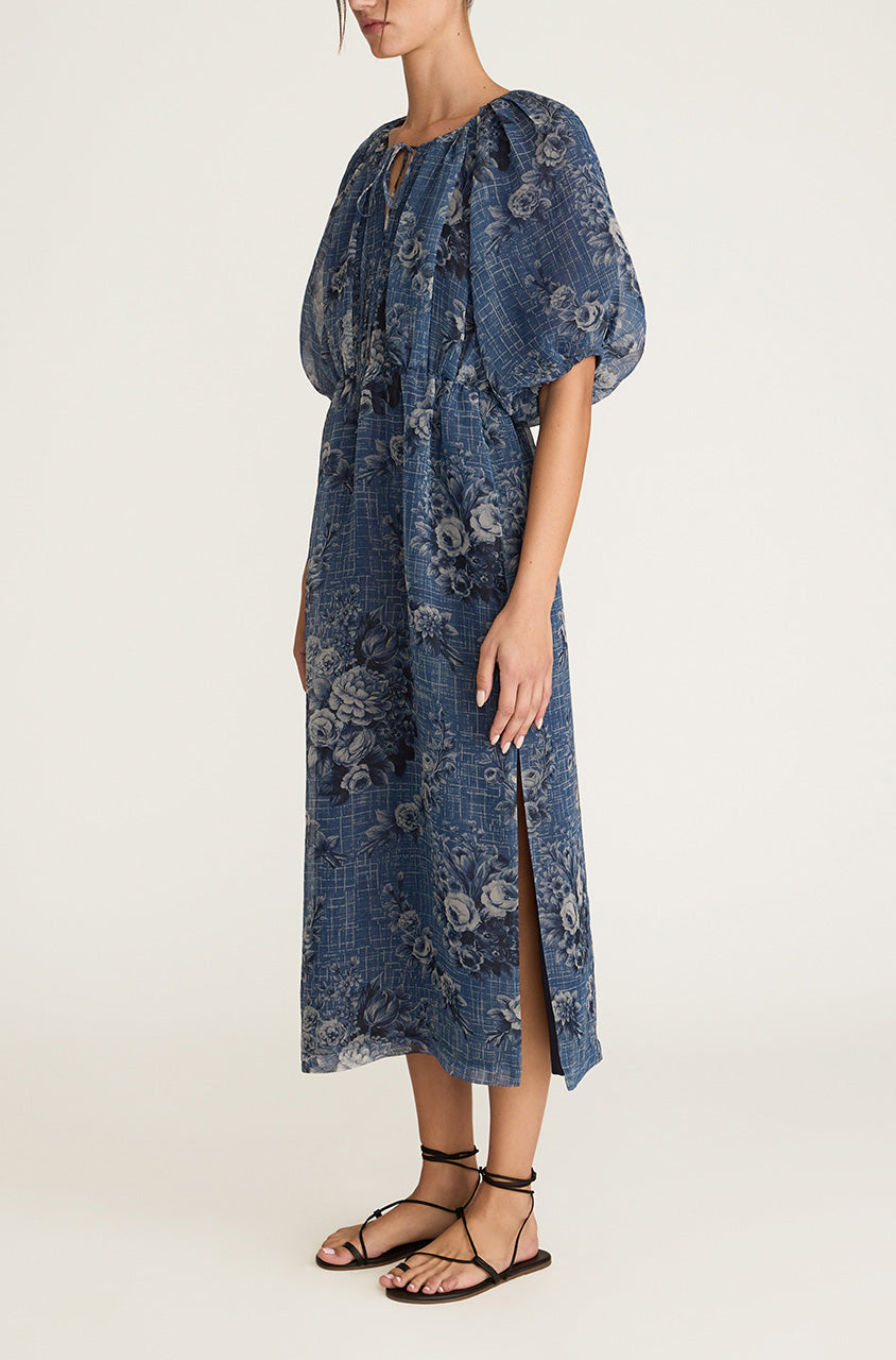 Blue Floral Silk Pencil Midi Dress Emblem Fleur Bubble Pencil Dress in Dusk Combo by Rebecca Taylor