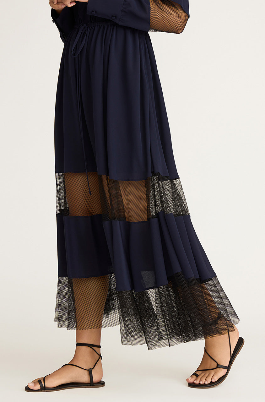 Dark Navy Long-Sleeve Shirt Dress Crepe de Chine and Lace Shirt Dress in Midnight Combo by Rebecca Taylor
