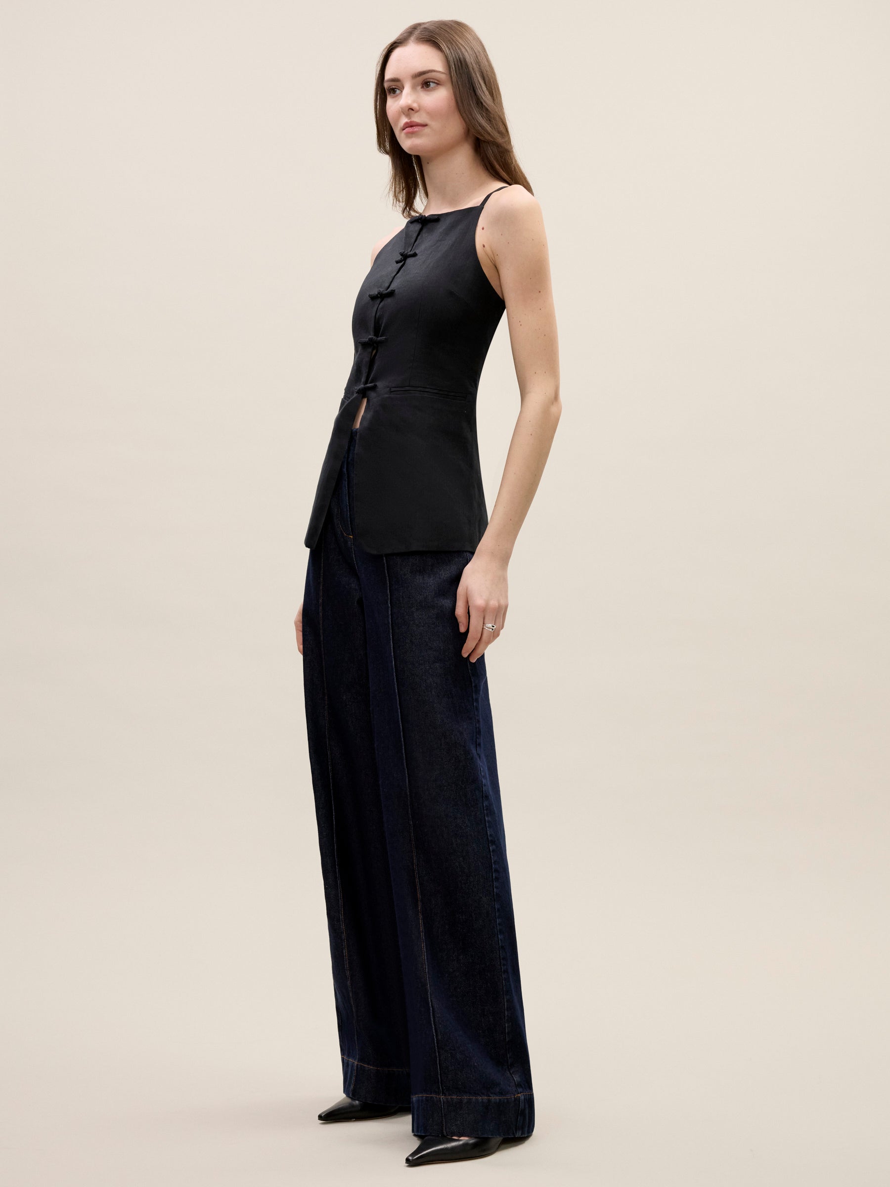 Beatrice Stretch Linen Top in Black by Rebecca Taylor