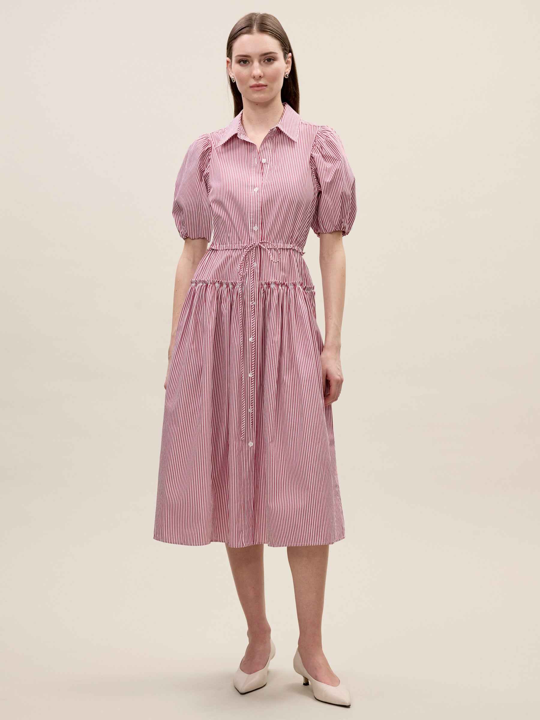 Puff Sleeve Shirt Dress Poplin Shirt Dress in Red Stripe by Rebecca Taylor