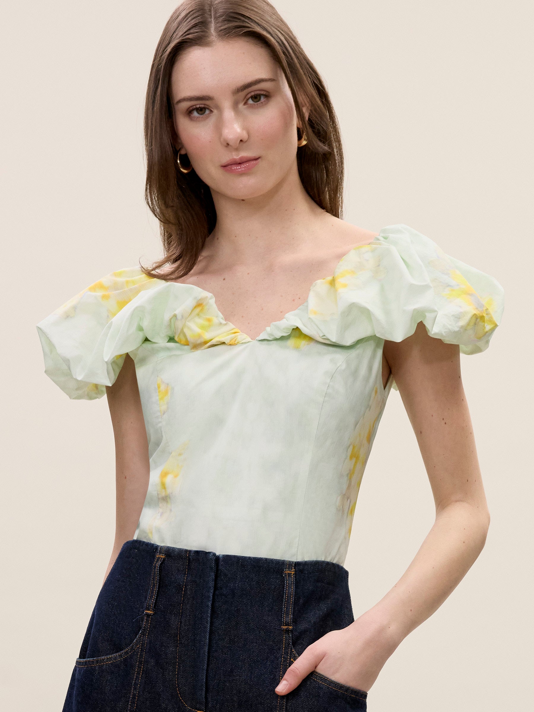 Yara Poplin Top in Sage Combo by Rebecca Taylor