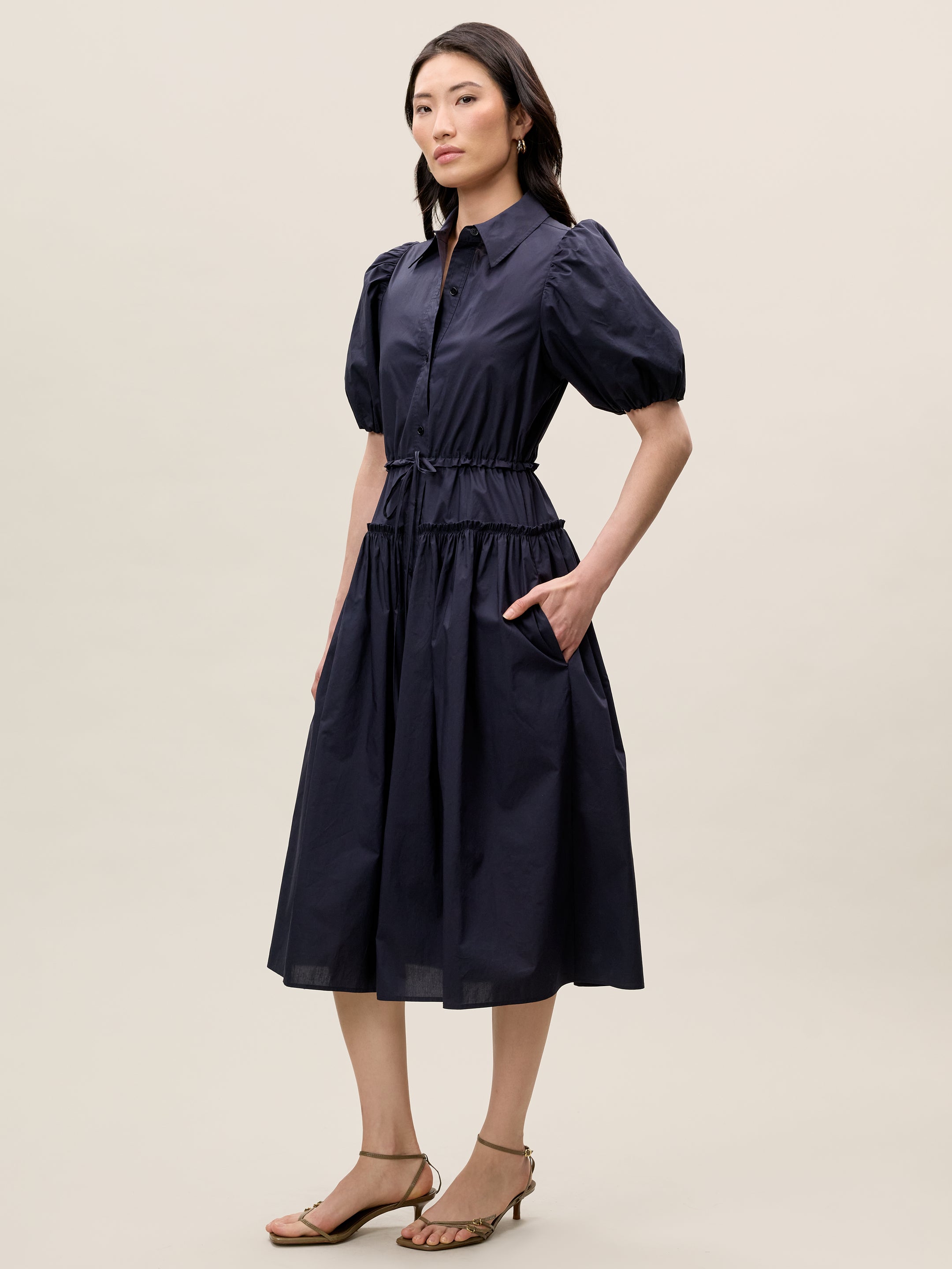 Dark Navy Puff Sleeve Shirt Dress Poplin Shirt Dress in Navy by Rebecca Taylor