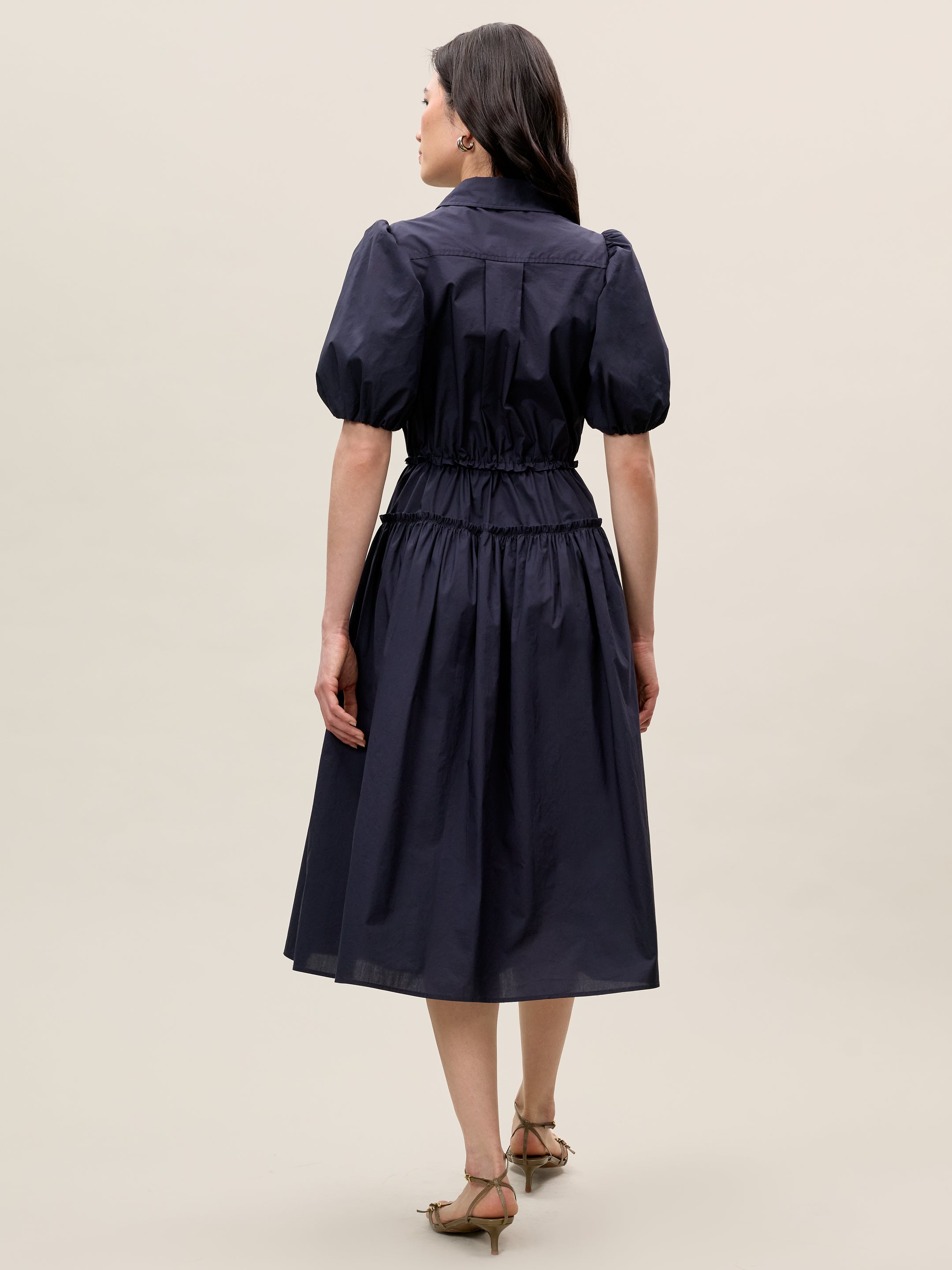 Dark Navy Puff Sleeve Shirt Dress Poplin Shirt Dress in Navy by Rebecca Taylor