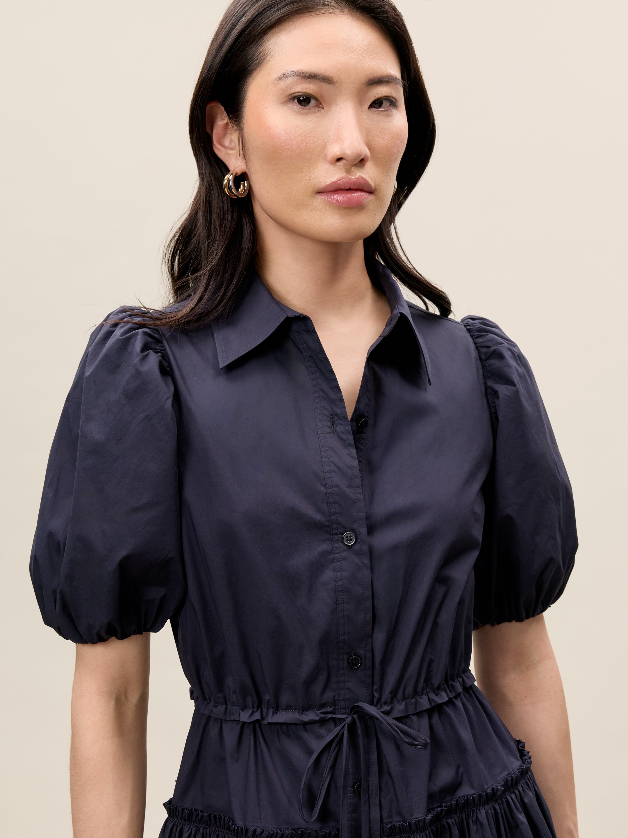 Dark Navy Puff Sleeve Shirt Dress Poplin Shirt Dress in Navy by Rebecca Taylor