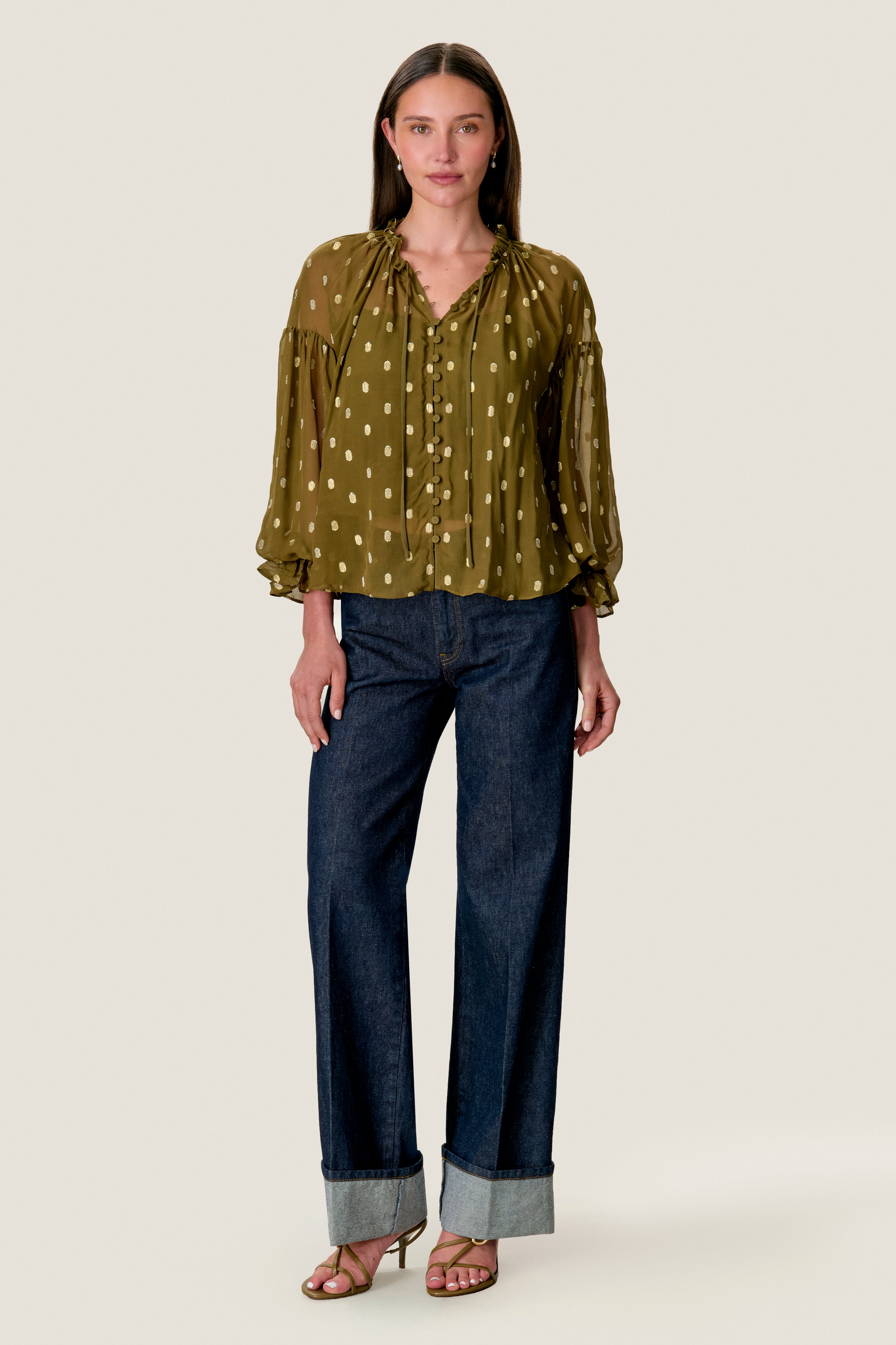 Tiana Metallic Dot Longsleeve Top in Olive by Rebecca Taylor