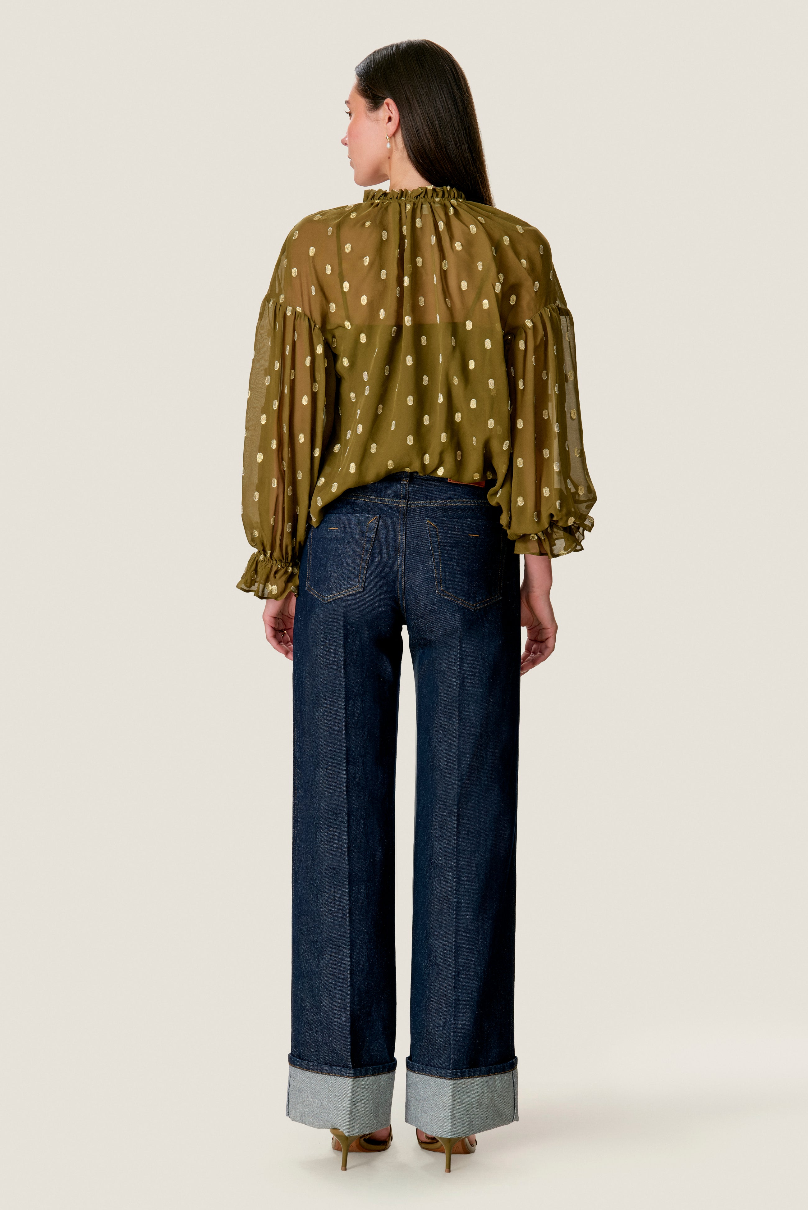 Tiana Metallic Dot Longsleeve Top in Olive by Rebecca Taylor