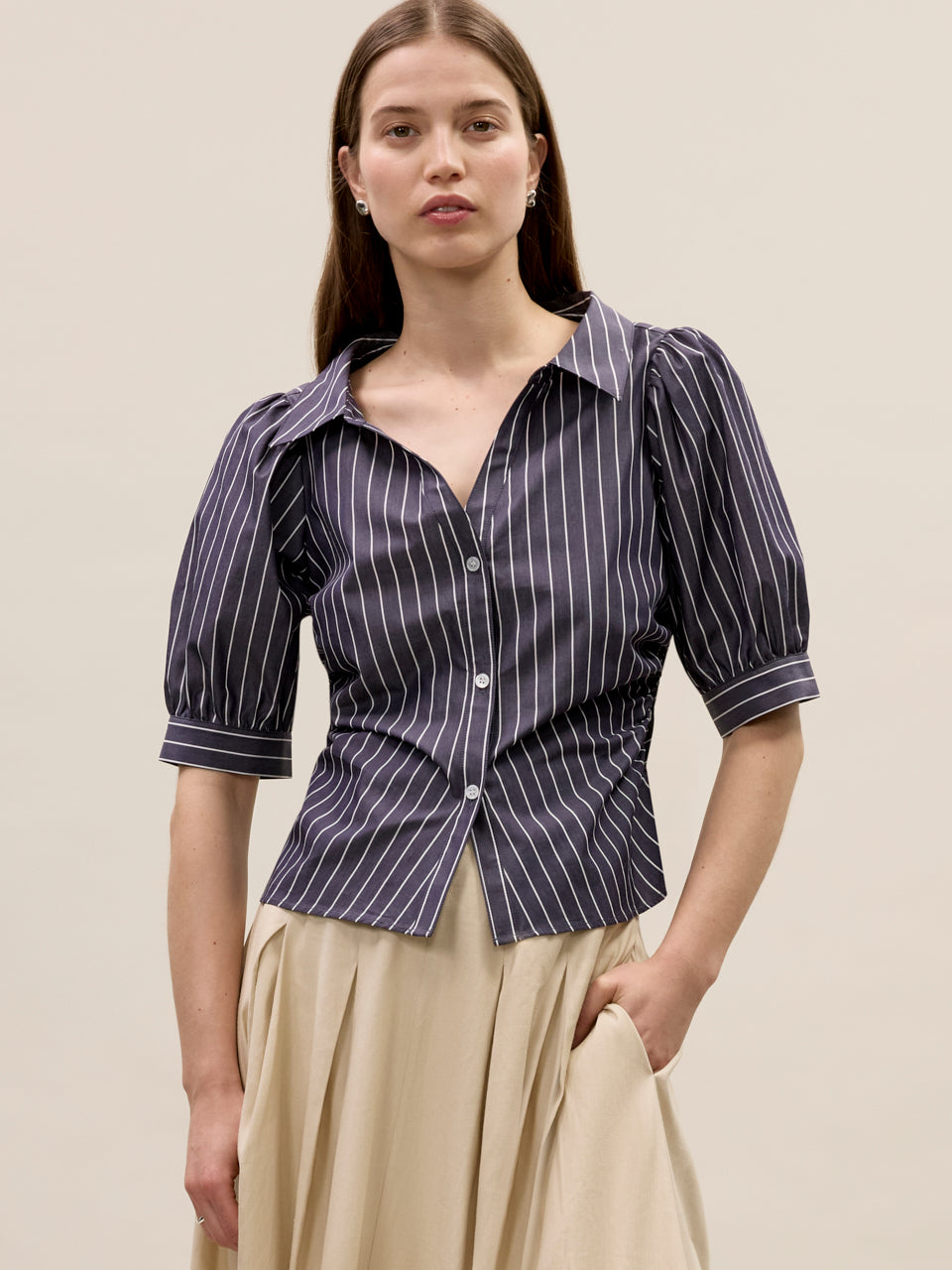 Isla Stripe Poplin Shirt in Navy Stripe by Rebecca Taylor