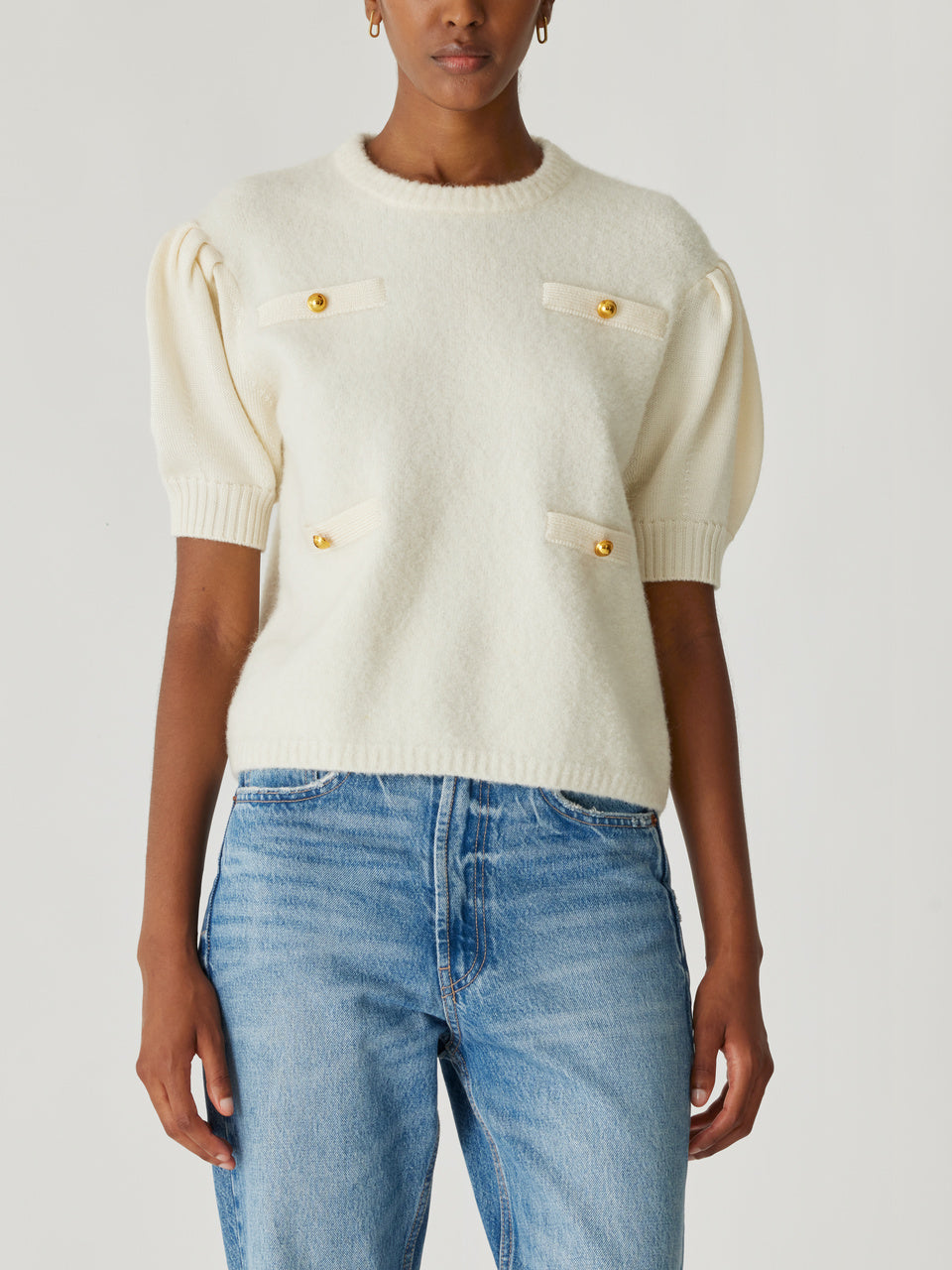 Cream Puffed Sleeve Sweater Boucle Texture Lady Pullover in Cream by Rebecca Taylor