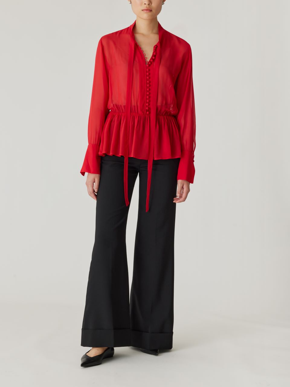 Haut Peplum Bar III Femme Rouge Chili - Neuf Avec étiquettes, Col En V, Manches Longues, USA
