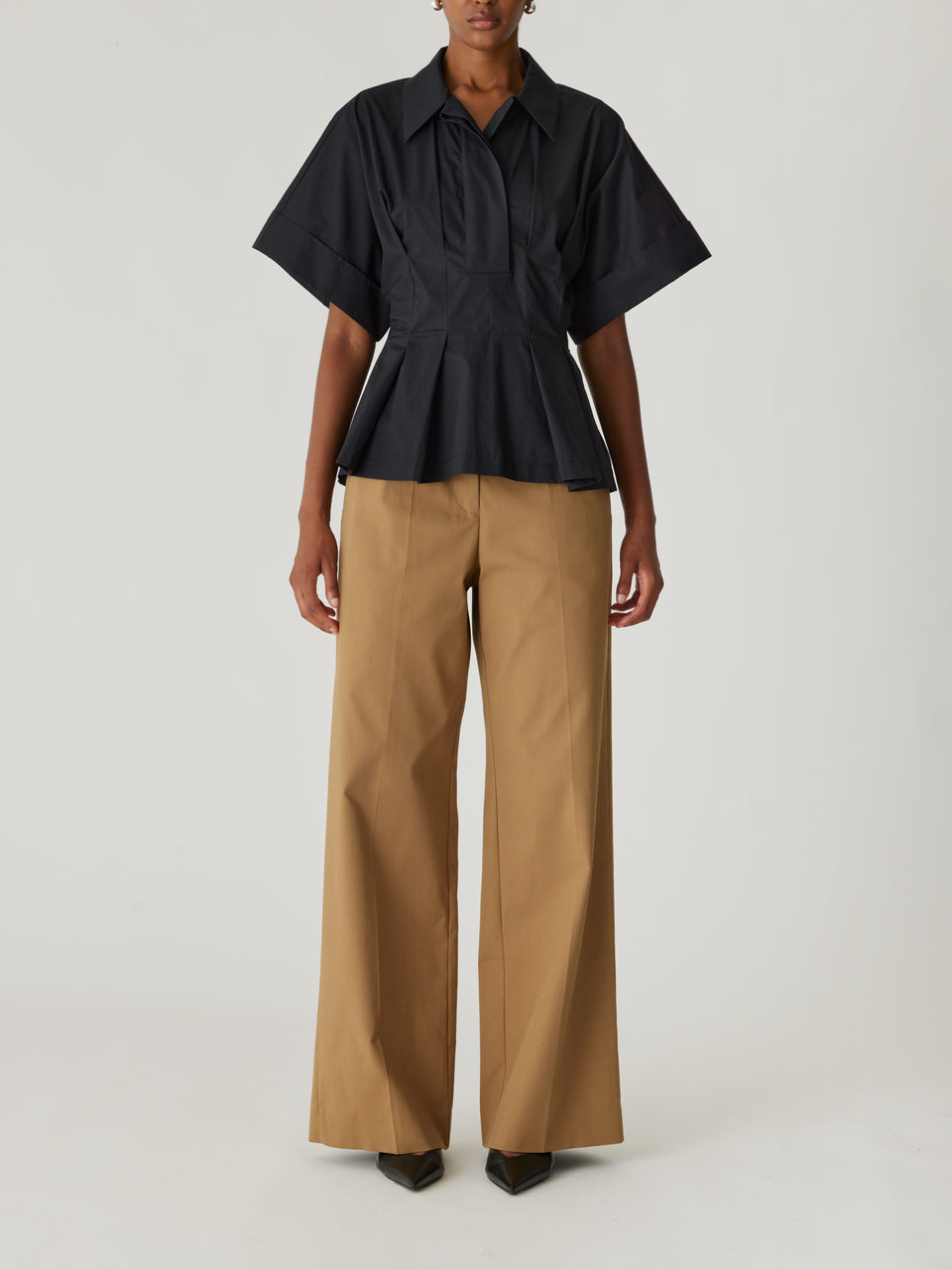 Black Button-Up Short-Sleeve Blouse Poplin Peplum Blouse in Black by Rebecca Taylor