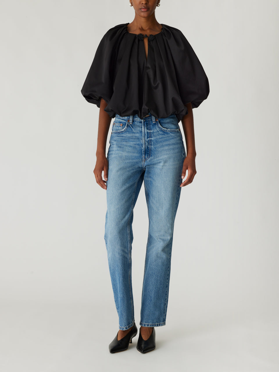 Black Gathered Neckline Sateen Top - Black Techy Sateen Bubble Top