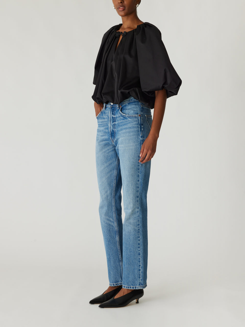 Black Gathered Neckline Sateen Top Techy Sateen Bubble Top in Black by Rebecca Taylor