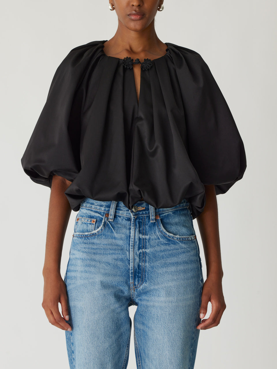 Black Gathered Neckline Sateen Top Techy Sateen Bubble Top in Black by Rebecca Taylor