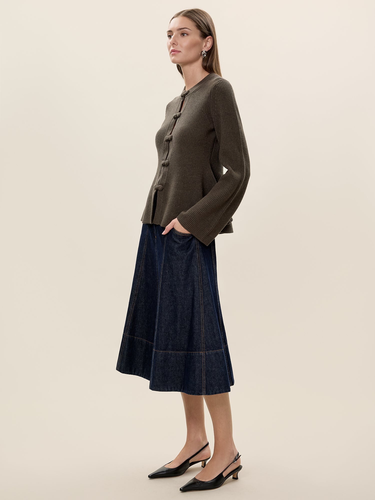 Rhea Knit Peplum Cardi in Marled Olive by Rebecca Taylor