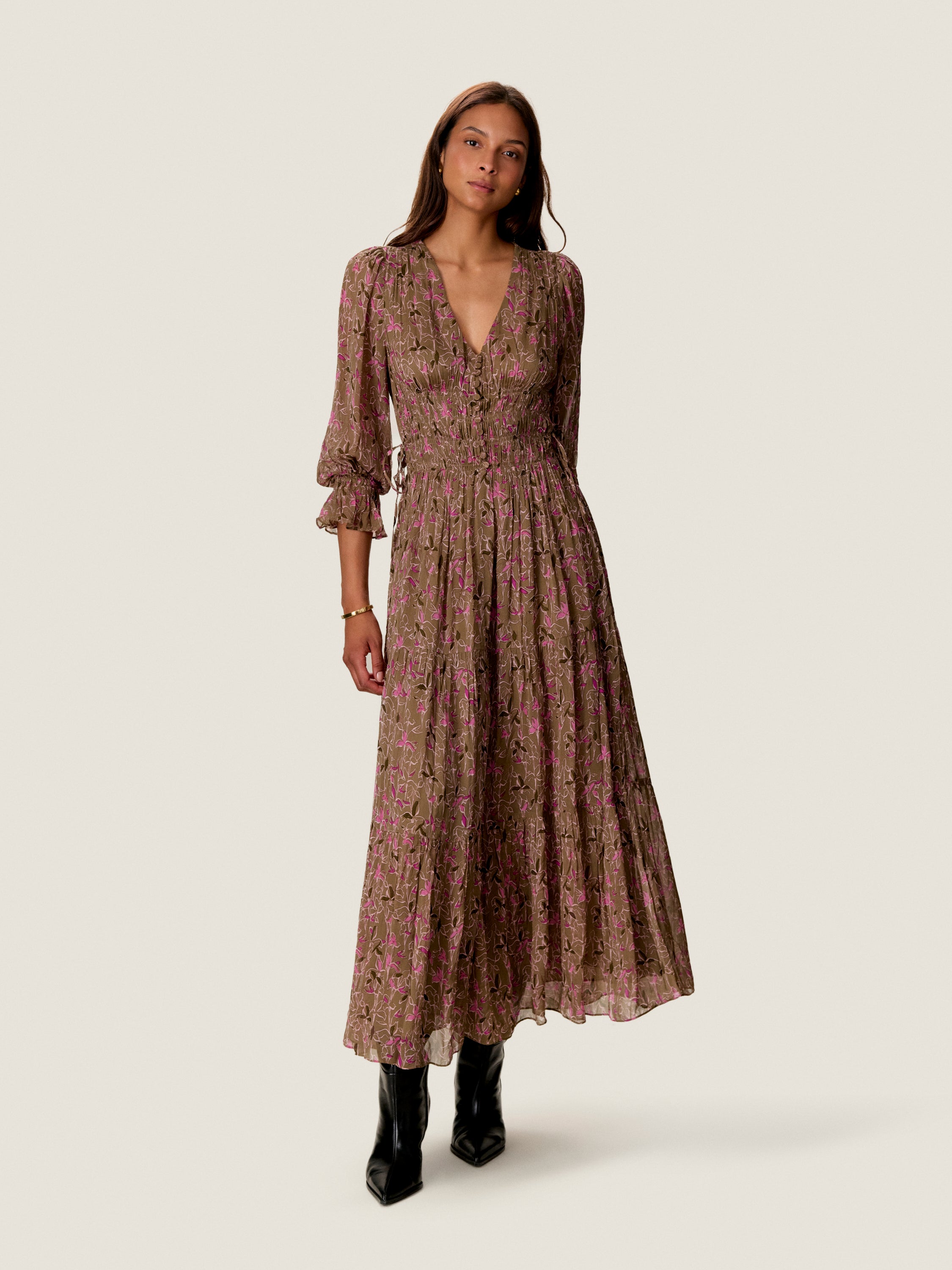 Audrey Smock Maxi Dress in Olive Multi by Rebecca Taylor