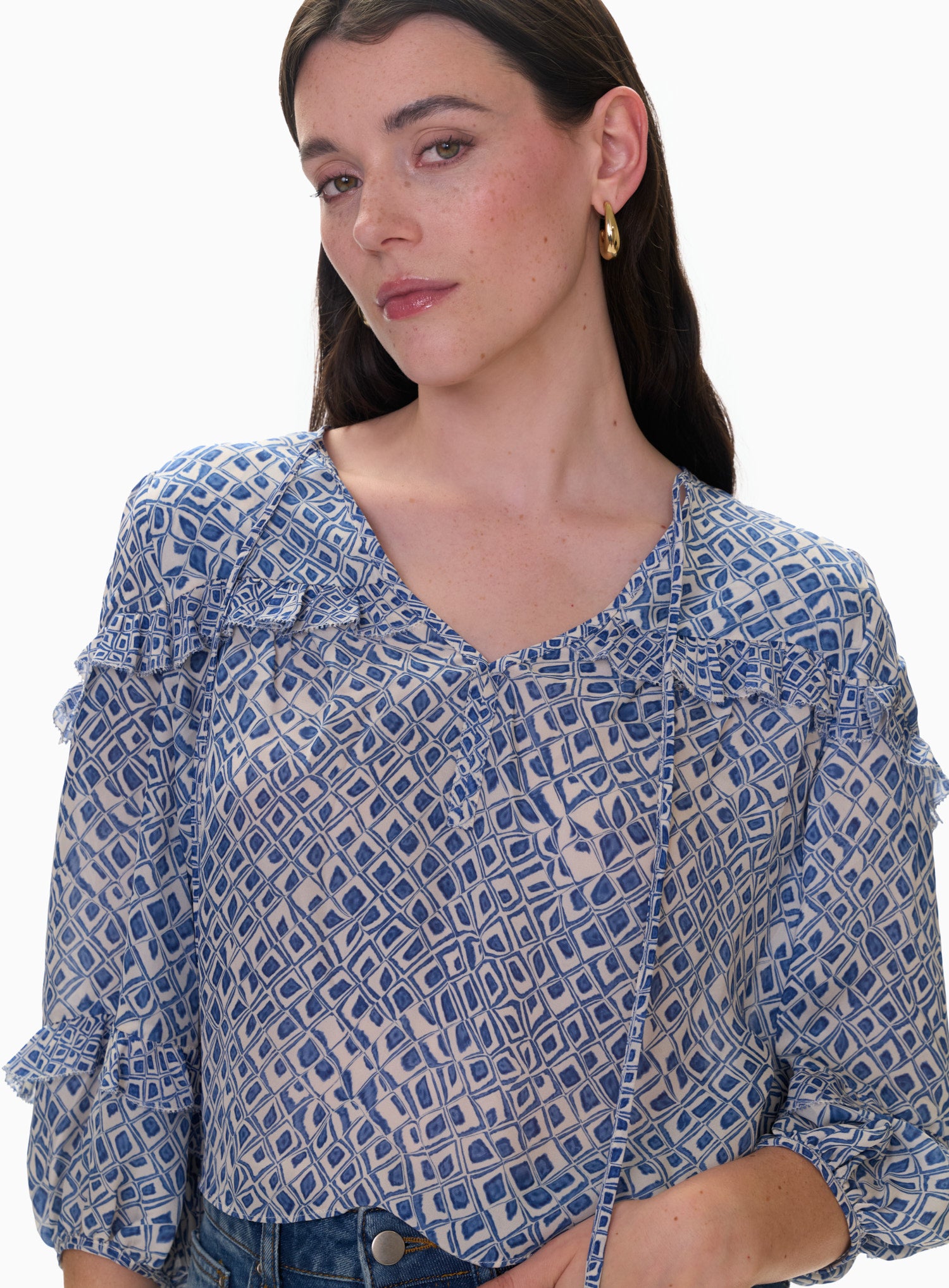 Charlotte Print Mix Blouse in Indigo Blue Multi by Rebecca Taylor