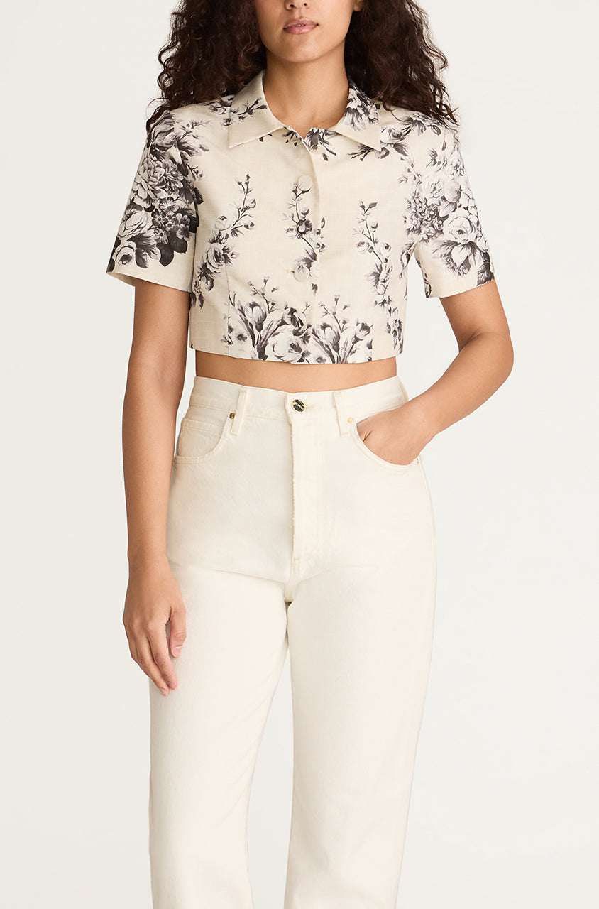 Floral Cropped Short-sleeve Shirt Emblem Fleur Blouse in Ivory Combo by Rebecca Taylor