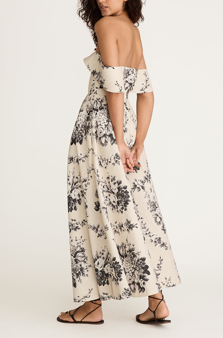 Floral Print Off-Shoulder Long Dress Emblem Fleur Structured Bodice Dress in Ivory Combo by Rebecca Taylor