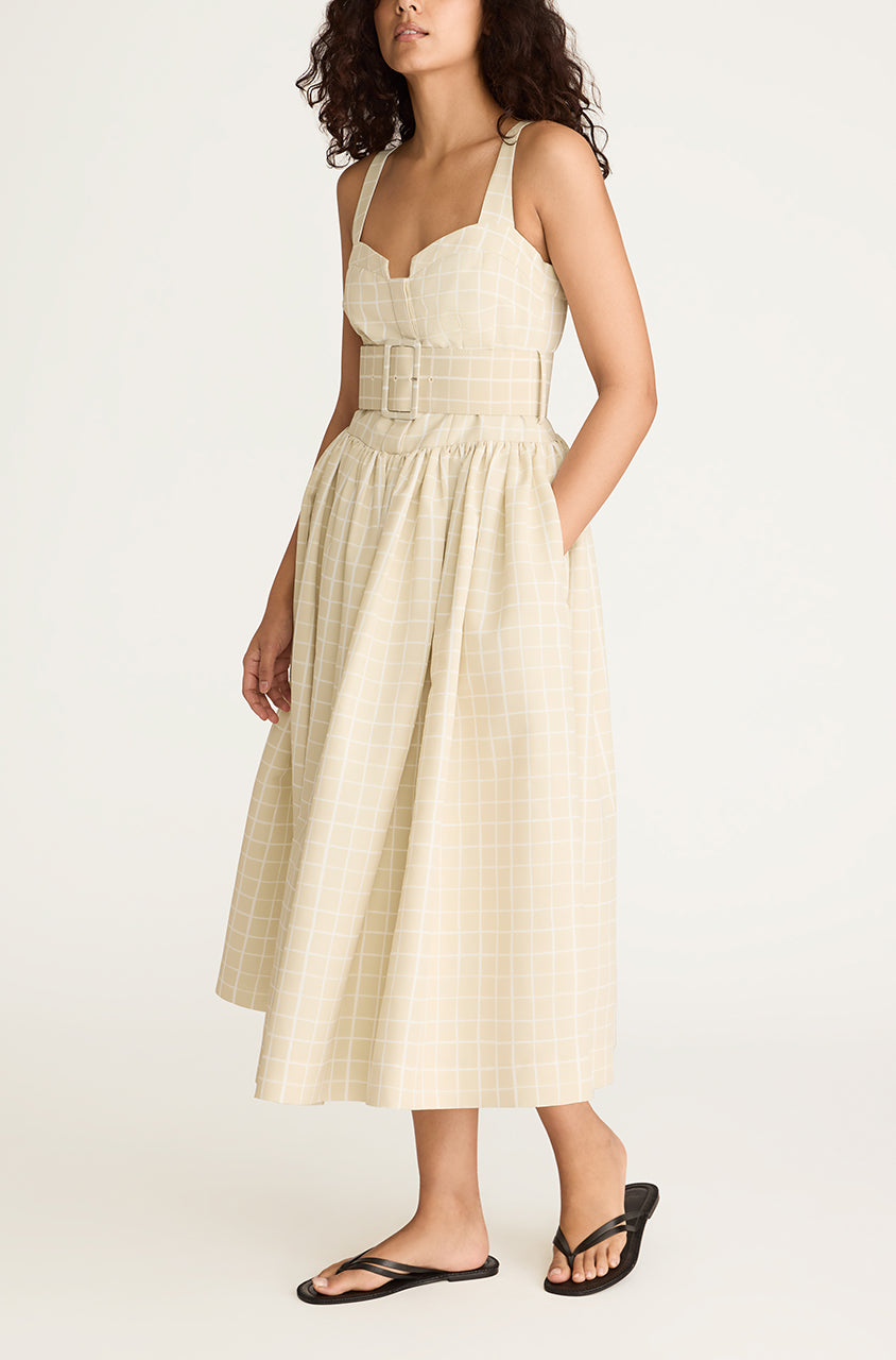 Sand Check Bustier Midi Dress Painterly Windowpane Belted Bustier Dress in Sand Combo by Rebecca Taylor