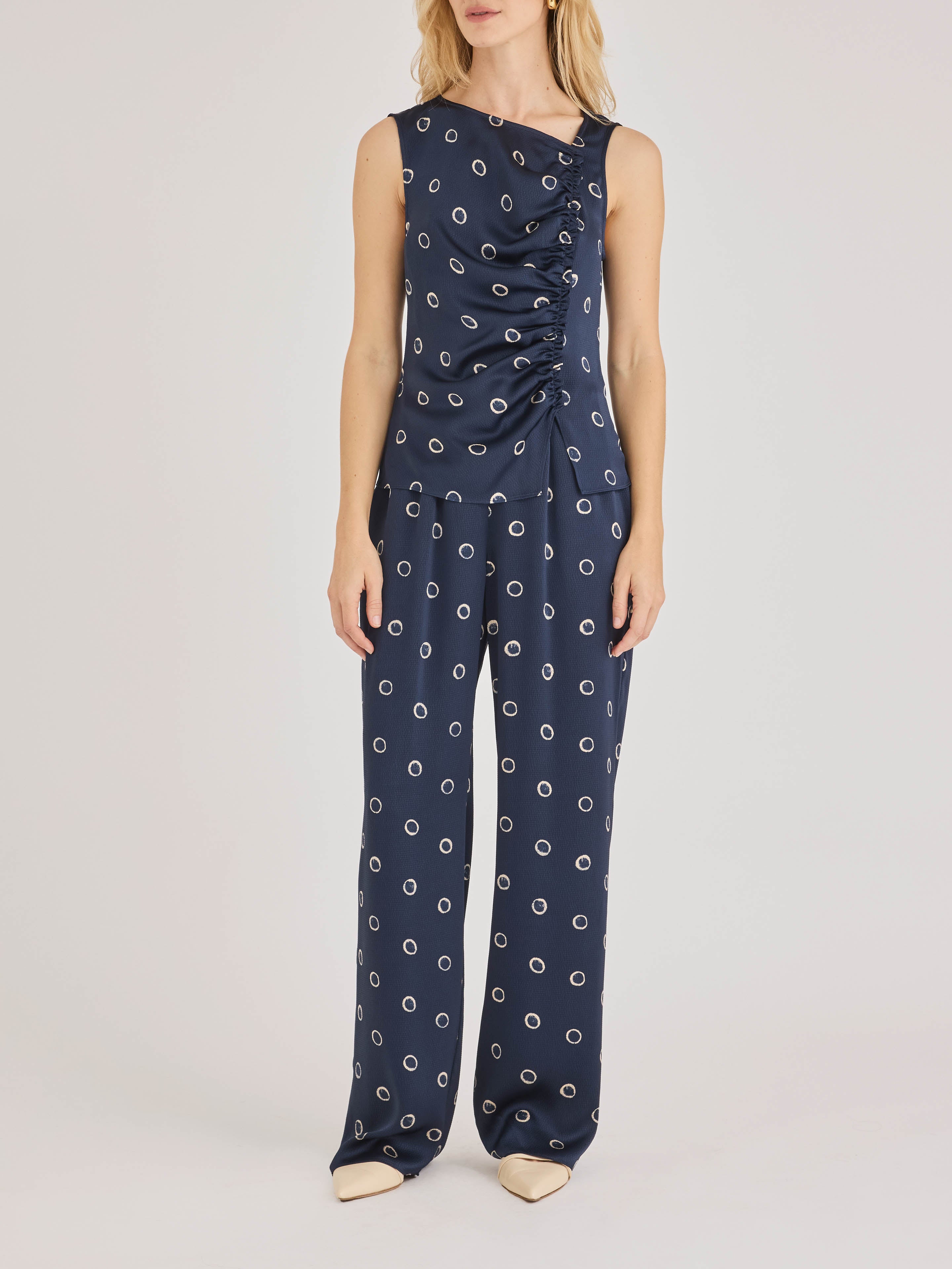 Navy Satin Wide Leg Pants Hazy Dot Pant in Navy Combo by Rebecca Taylor