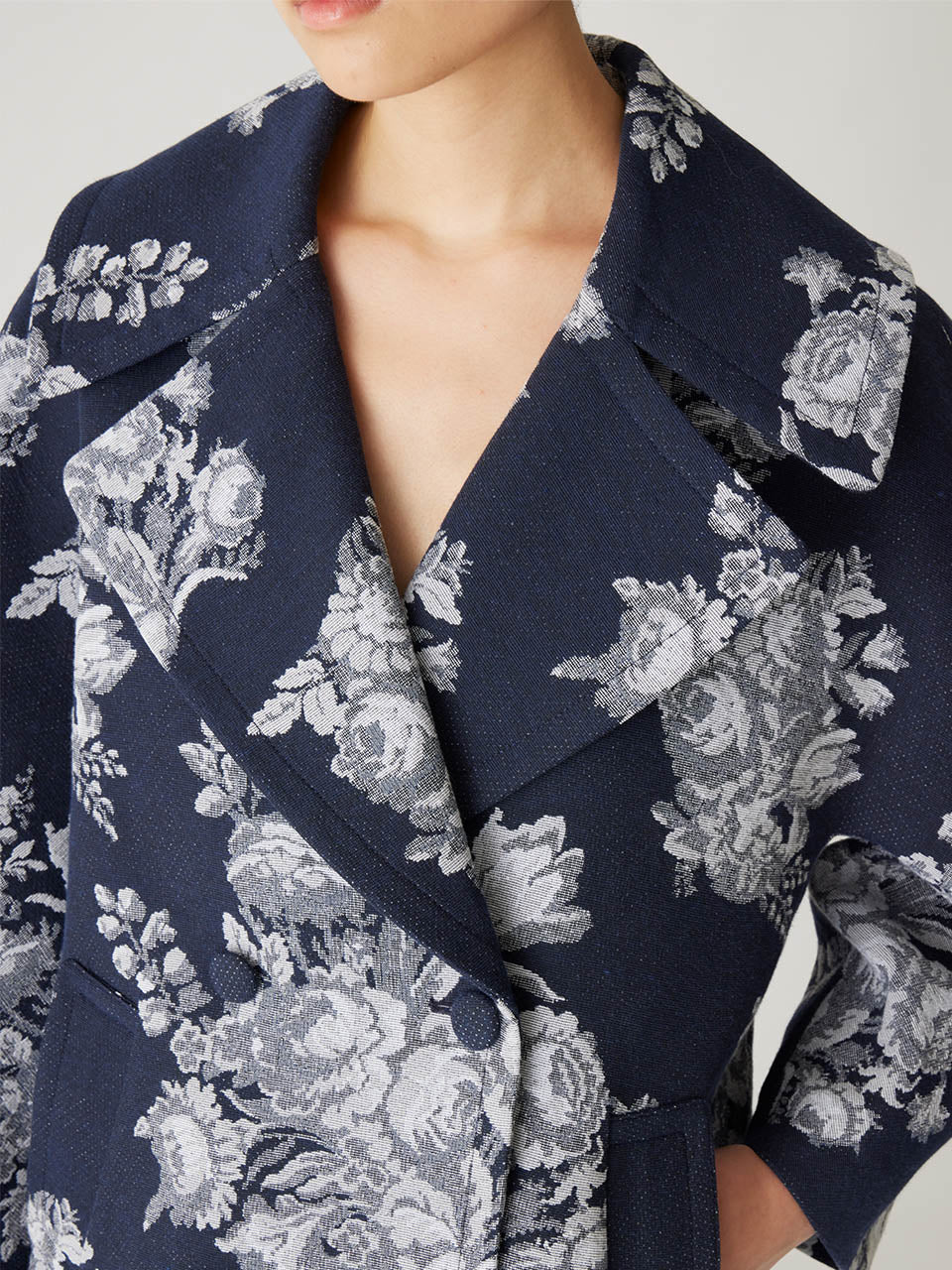 Navy Floral Print Peacoat Venice Toile Jacquard Oversized Peacoat in Indigo Combo by Rebecca Taylor