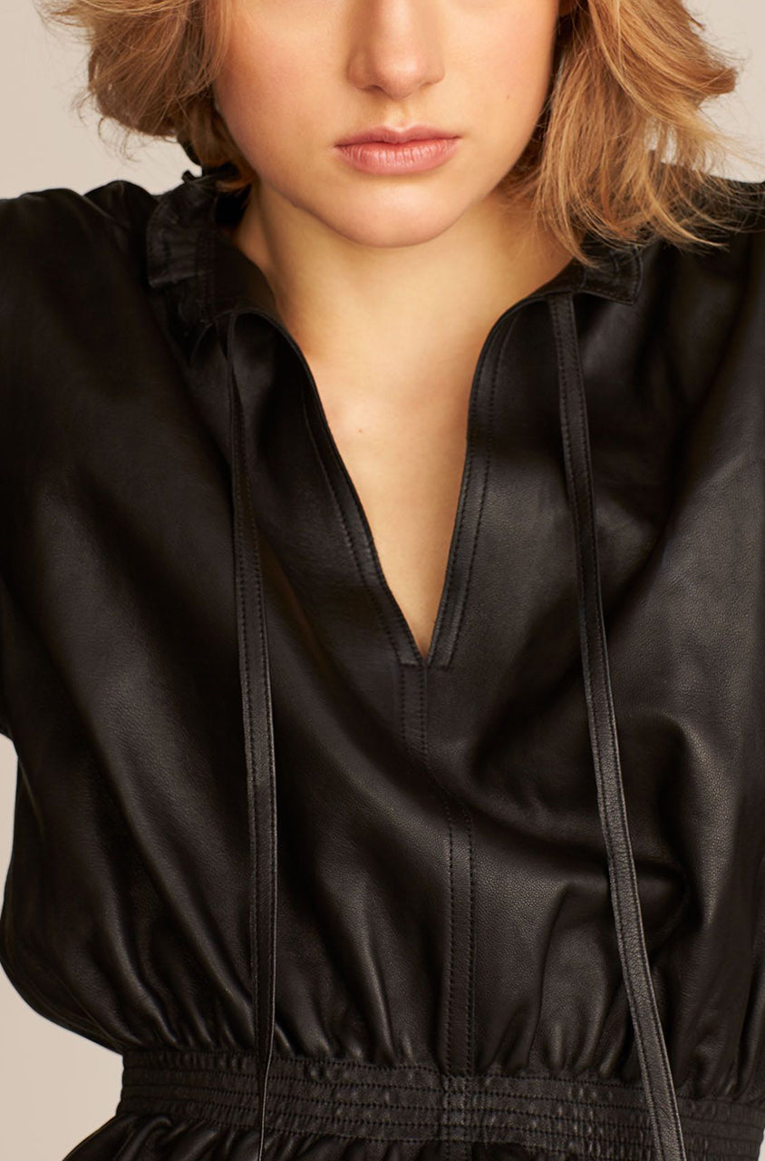 Black Smocked Waist Leather Blouse Glove Leather Blouse in Black by Rebecca Taylor