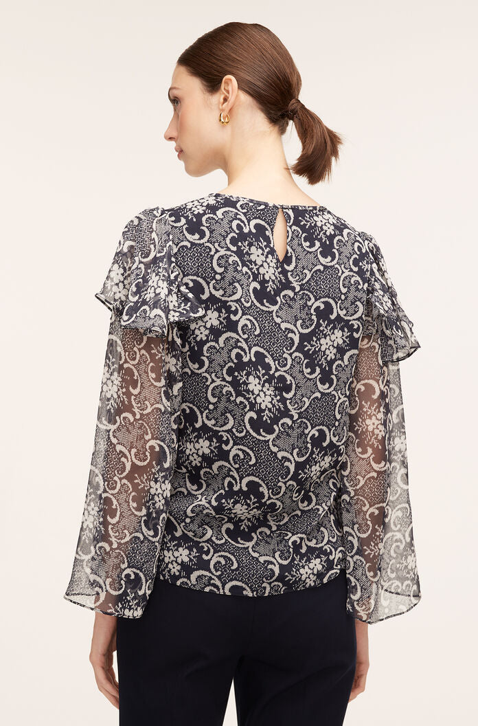 Rochelle Fleur Ruffle Silk Blouse in Rochelle Fleur Navy Combo by Rebecca Taylor