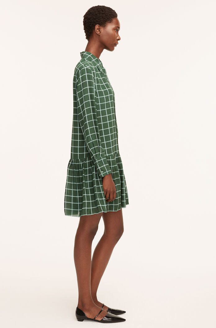 Windowpane Silk Pleated Shirt Dress in Windowpane Jasper Green Combo by Rebecca Taylor