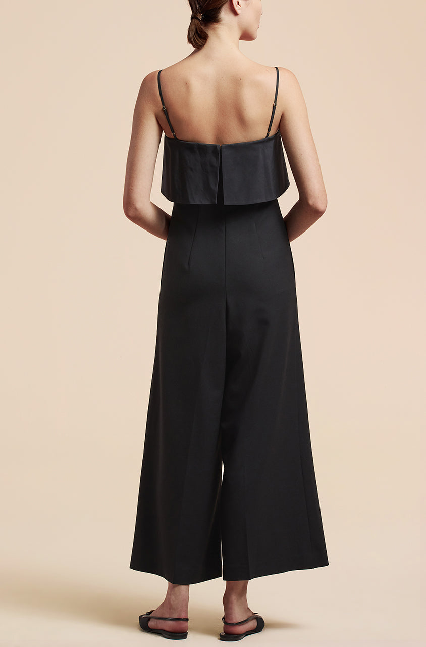 Black Strapped Twill Jumpsuit Tuxedo Wide Leg Jumpsuit in Black by Rebecca Taylor